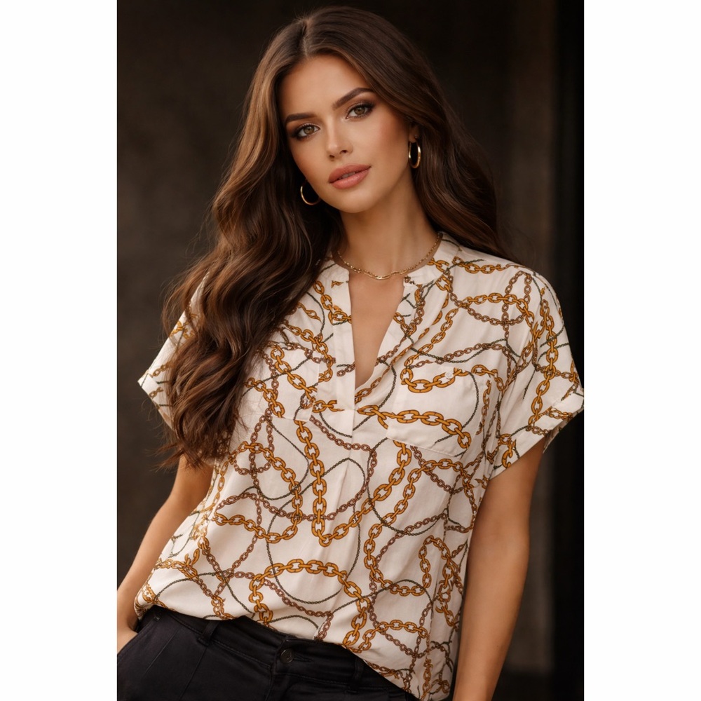 Luxe White with Gold Chain Link Print Henley Style Woven Pocket Blouse